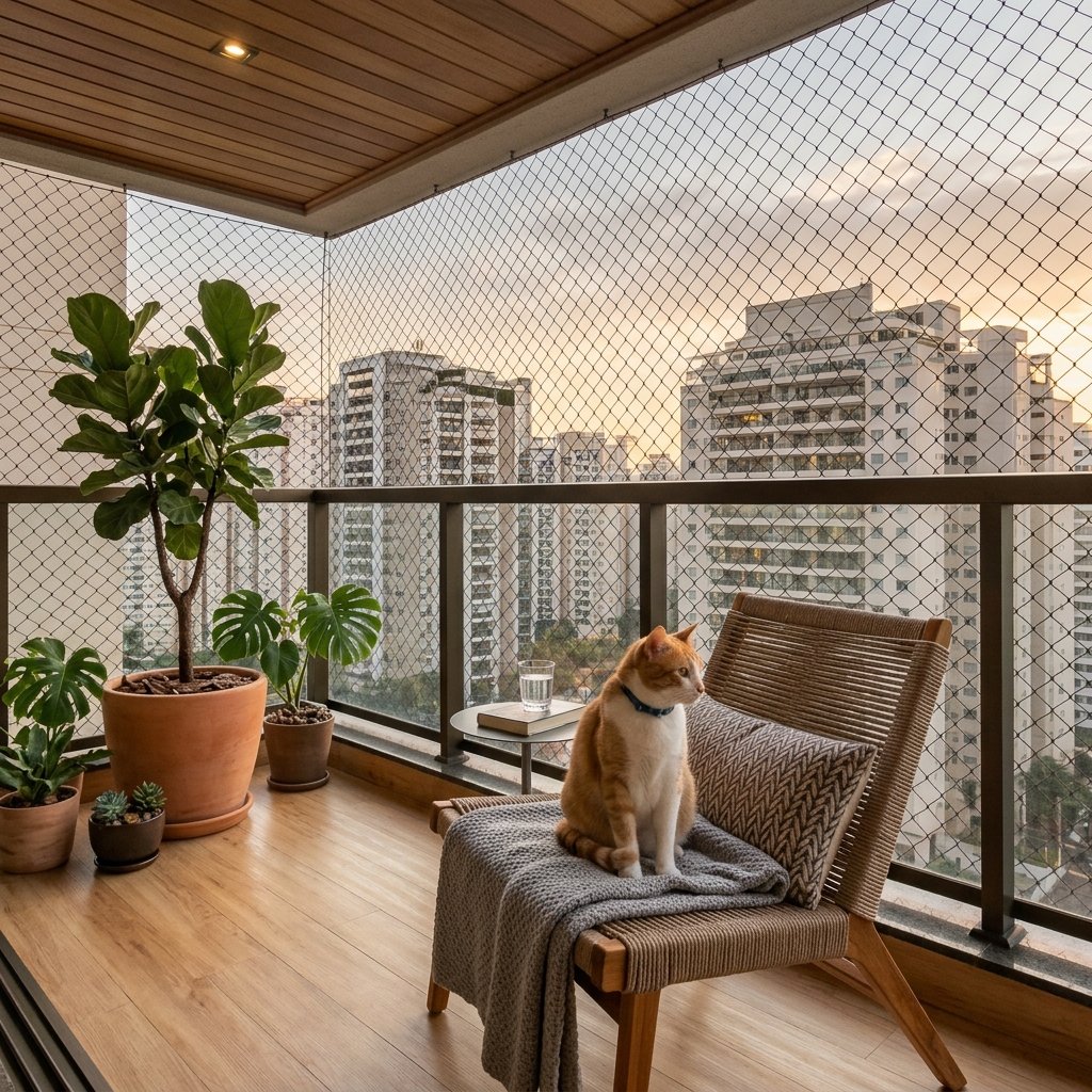 Varanda moderna e segura com tela de proteção protegendo animal de estimação