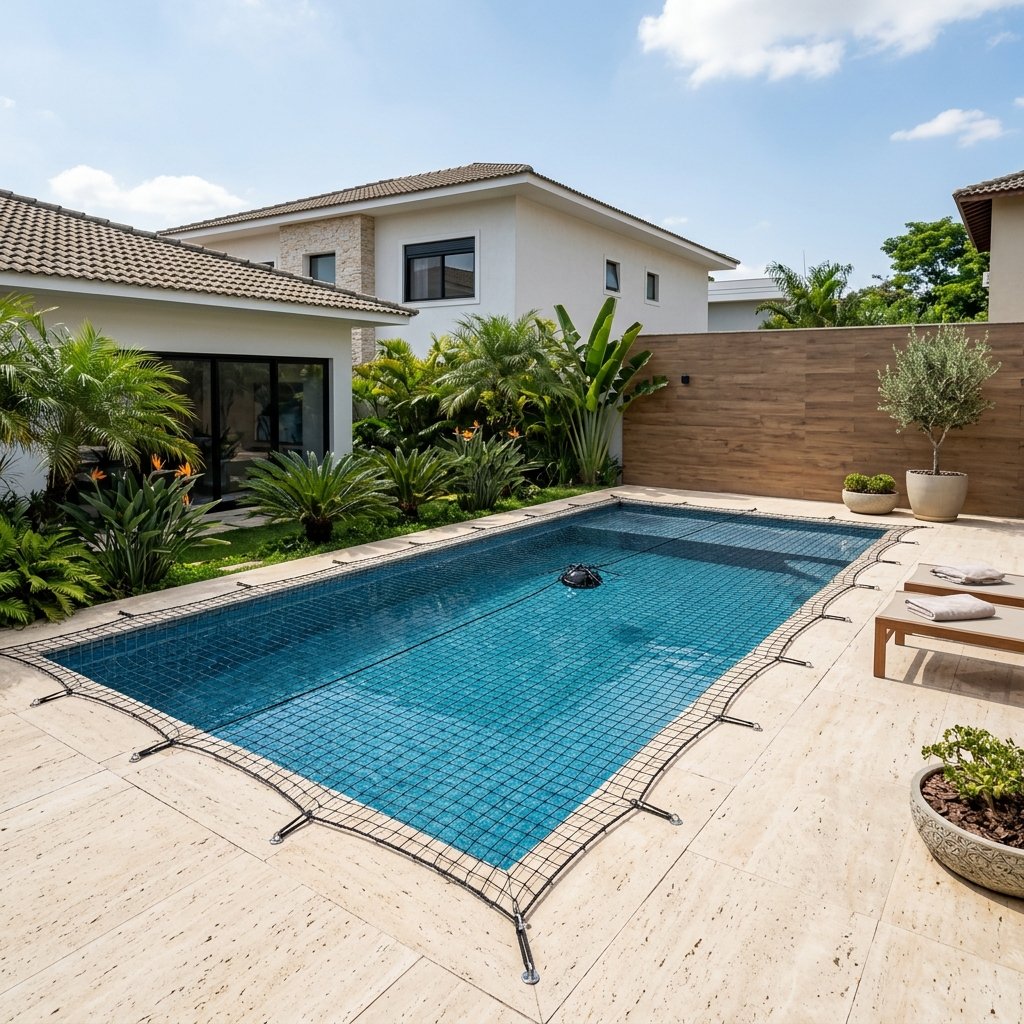 Piscina com rede de proteção instalada de forma segura